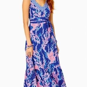 Madsen Midi Dress Swim on Over- Borealis Blue and Pink Tie Front Sundress